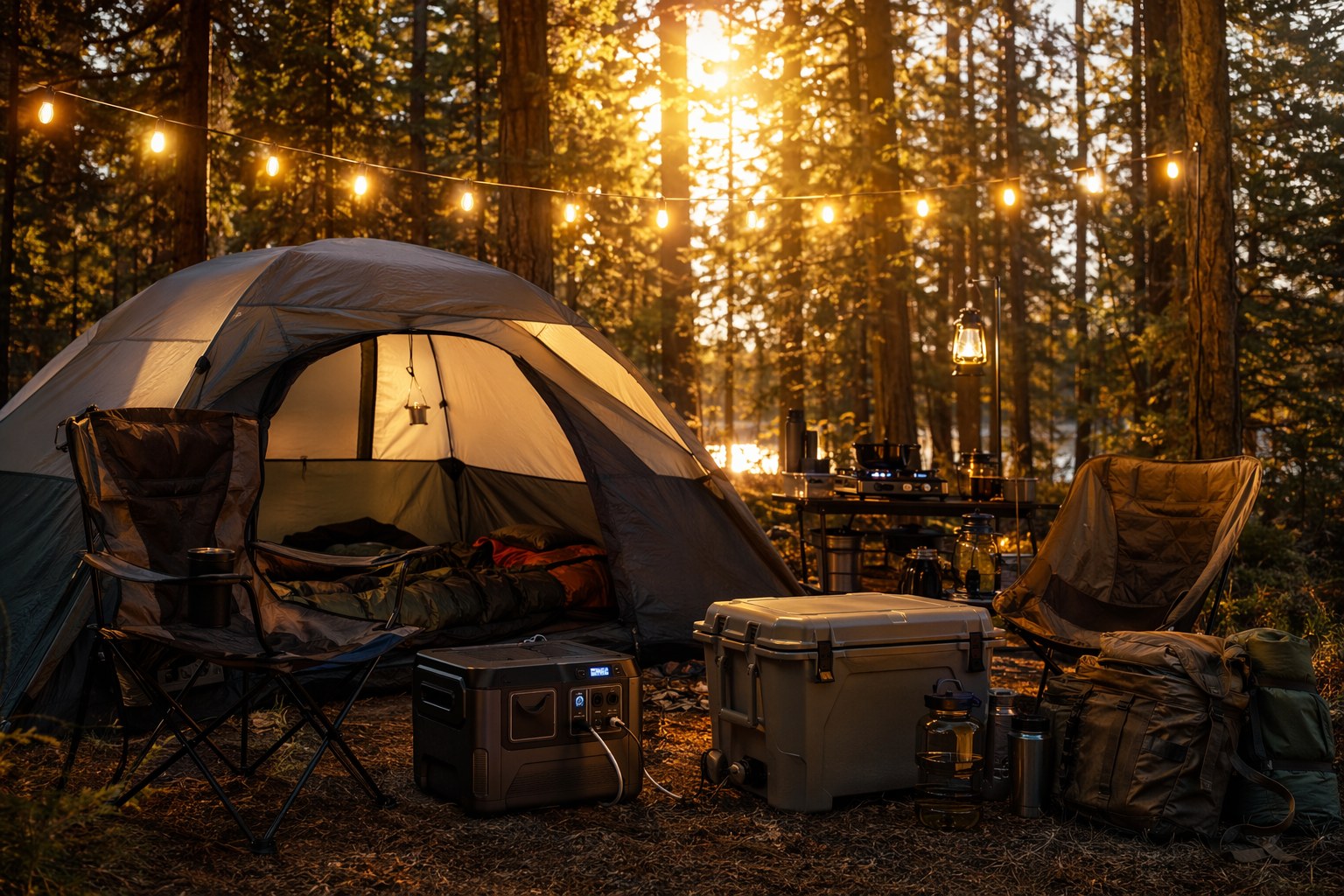 Fully stocked four-day campsite at golden hour with a power station, cooler, string lights, and camp chairs arranged around a tent