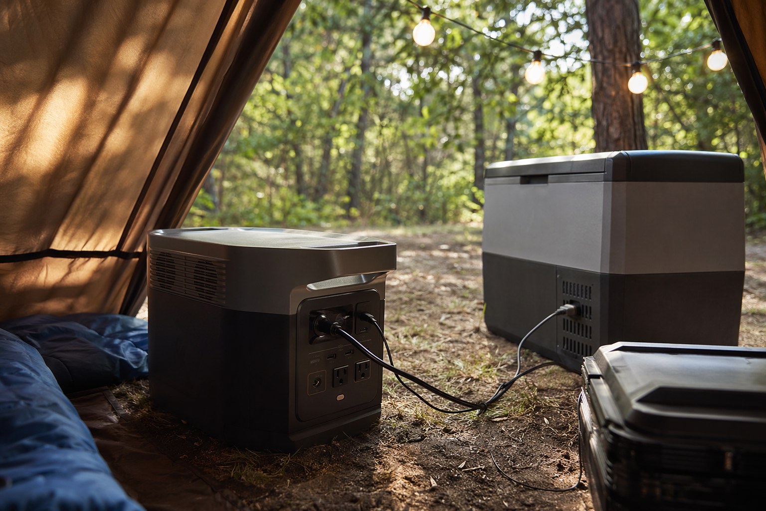 A portable power station sitting in shade next to a tent with cables running to a fridge and string lights, late afternoon sun