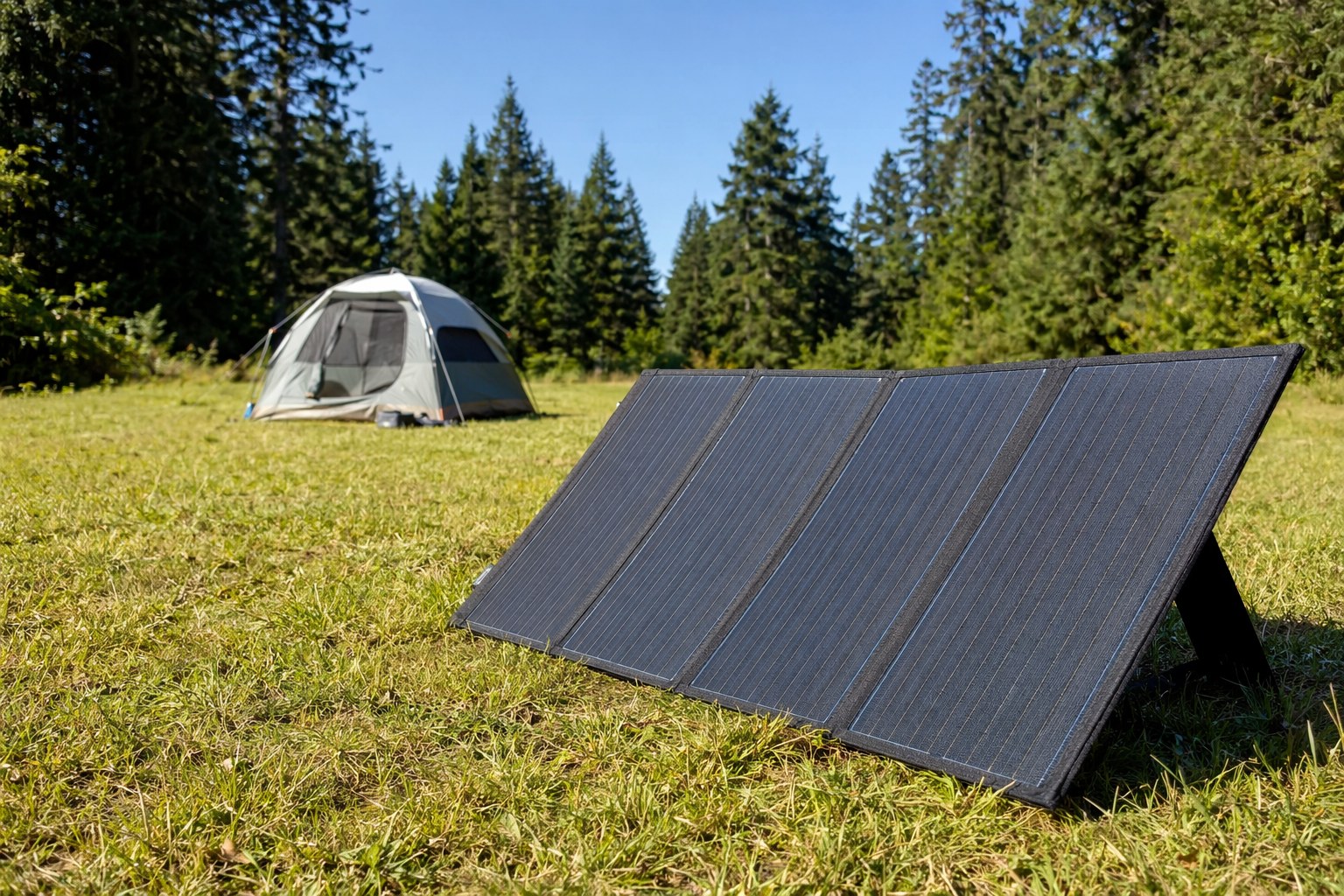 A 220W solar panel angled toward the midday sun in an open clearing, with a tent and forest in the background