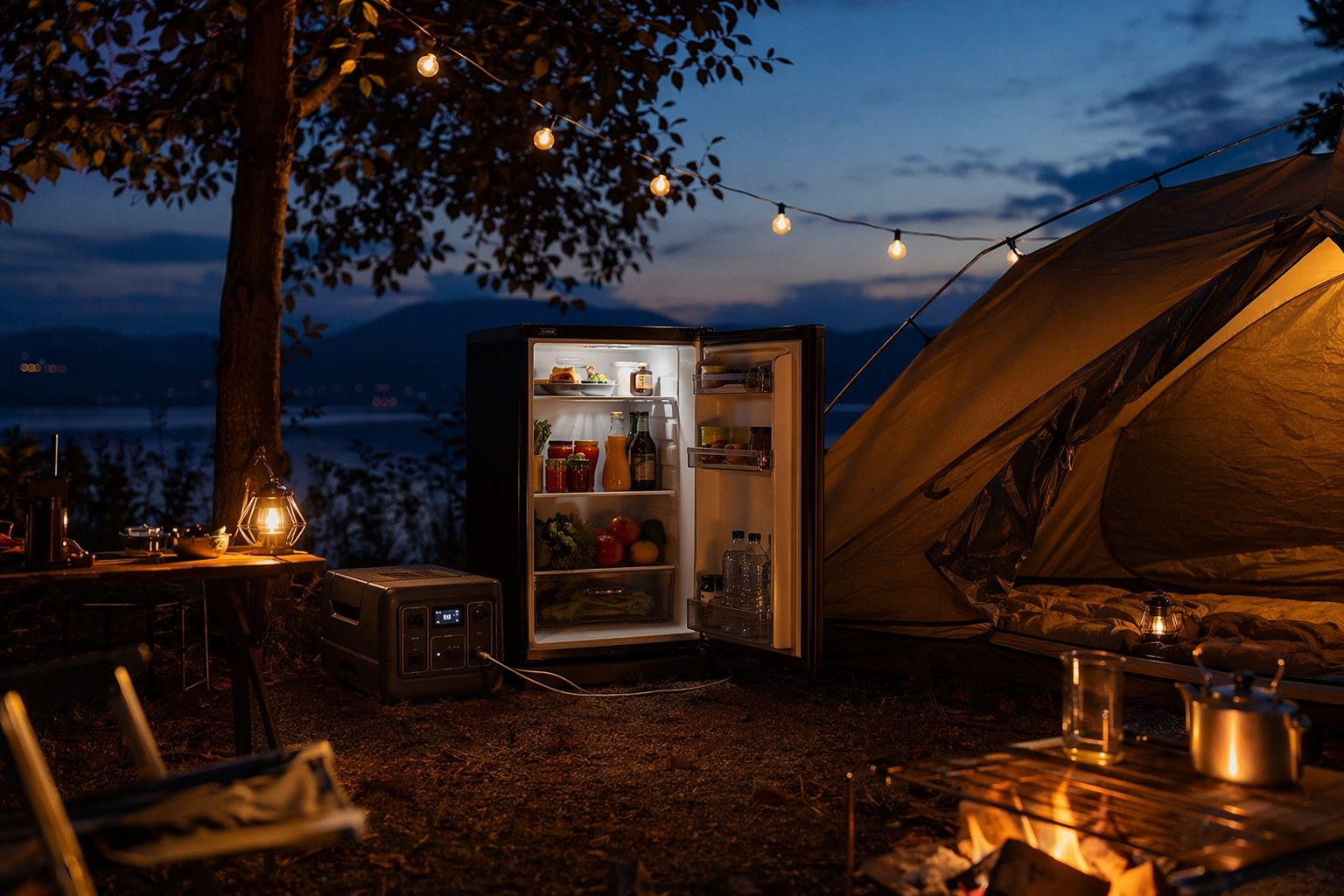 Evening campsite with warm string lights glowing, a lit tent, a fridge running, and a power station softly illuminated, dusk sky