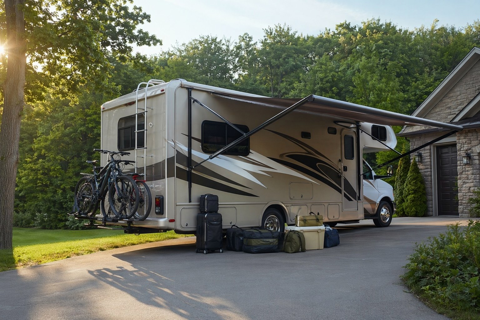 An RV parked in a driveway fully loaded and ready for a road trip, awning out, bikes mounted, early summer morning light