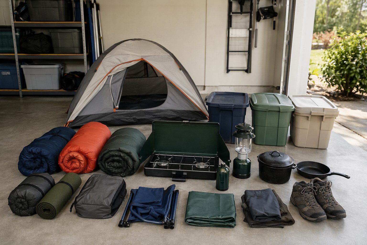 Camping gear laid out and organized on a garage floor — tent, sleeping bags, stove, lantern, and storage totes ready to pack
