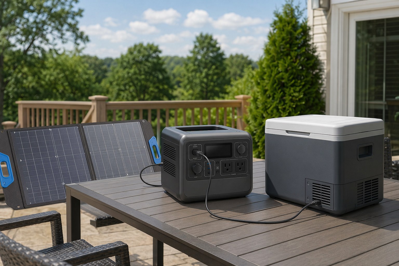 A portable power station with a folding solar panel, cables, and a 12V fridge laid out and connected for a pre-season test on a patio
