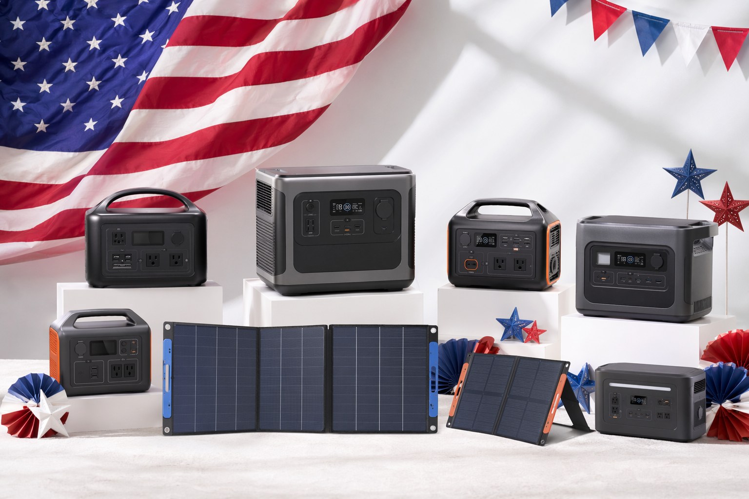 Memorial Day power station sale banner with discounted portable power stations and solar panels arranged on a clean studio backdrop