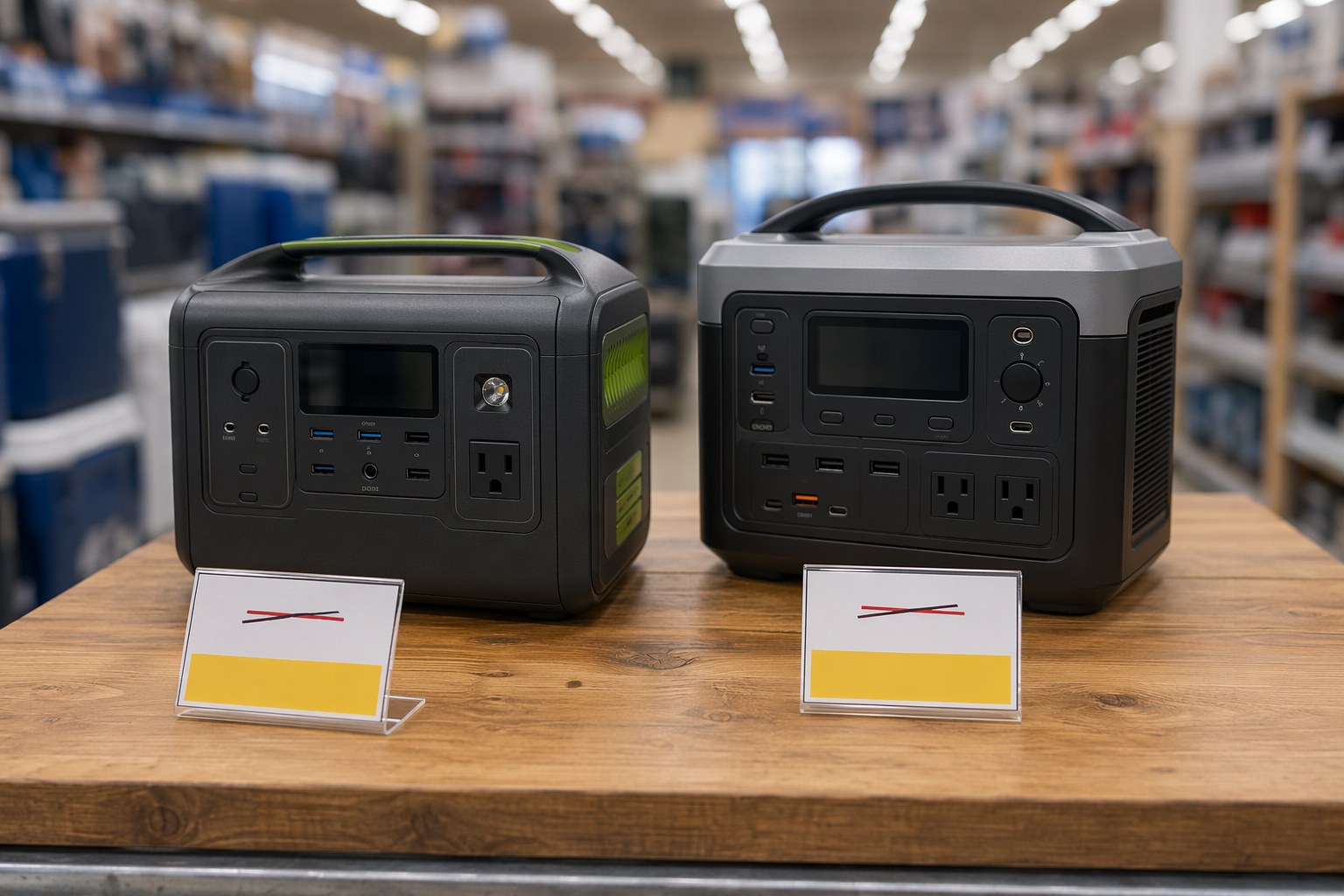 Side-by-side price comparison of two portable power stations showing original and discounted prices on tags