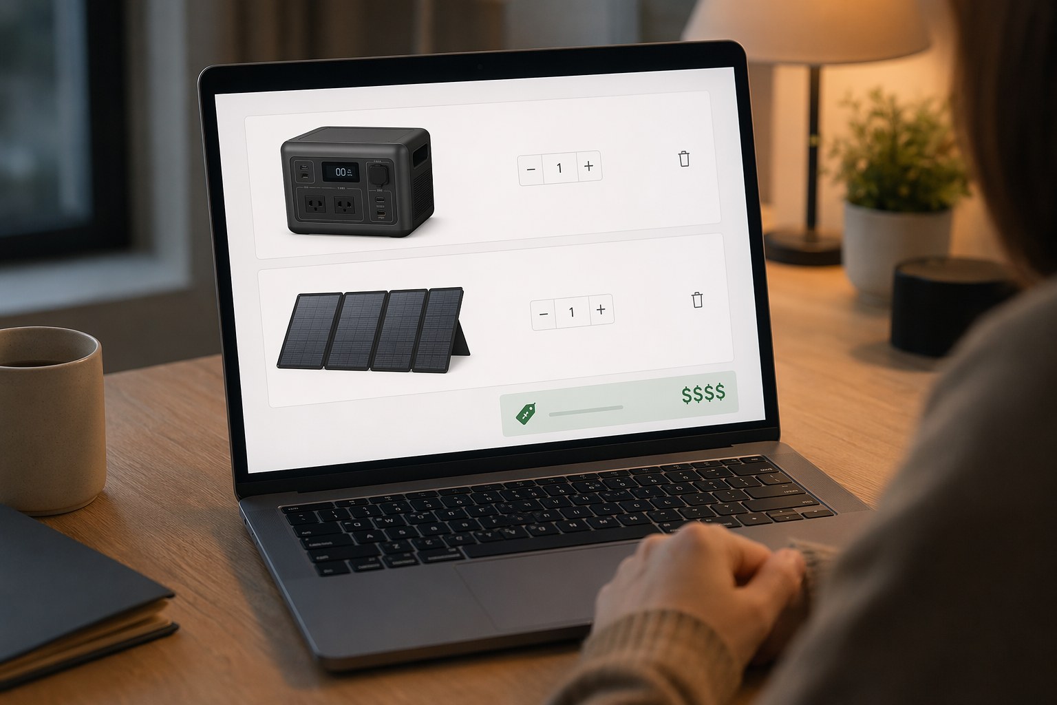Online shopping cart filled with a portable power station and folding solar panels, savings total displayed on screen