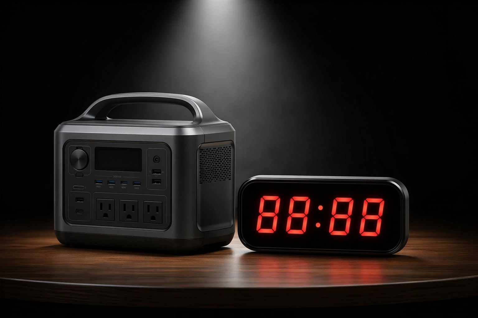 Limited-time offer countdown timer beside a portable power station on a retail display