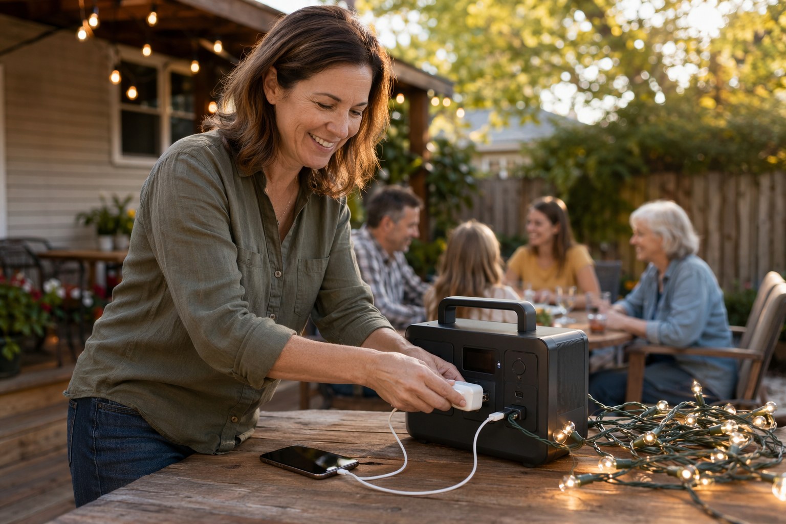 Mom plugging in a phone and string lights to a compact power station on a backyard table at a family gathering