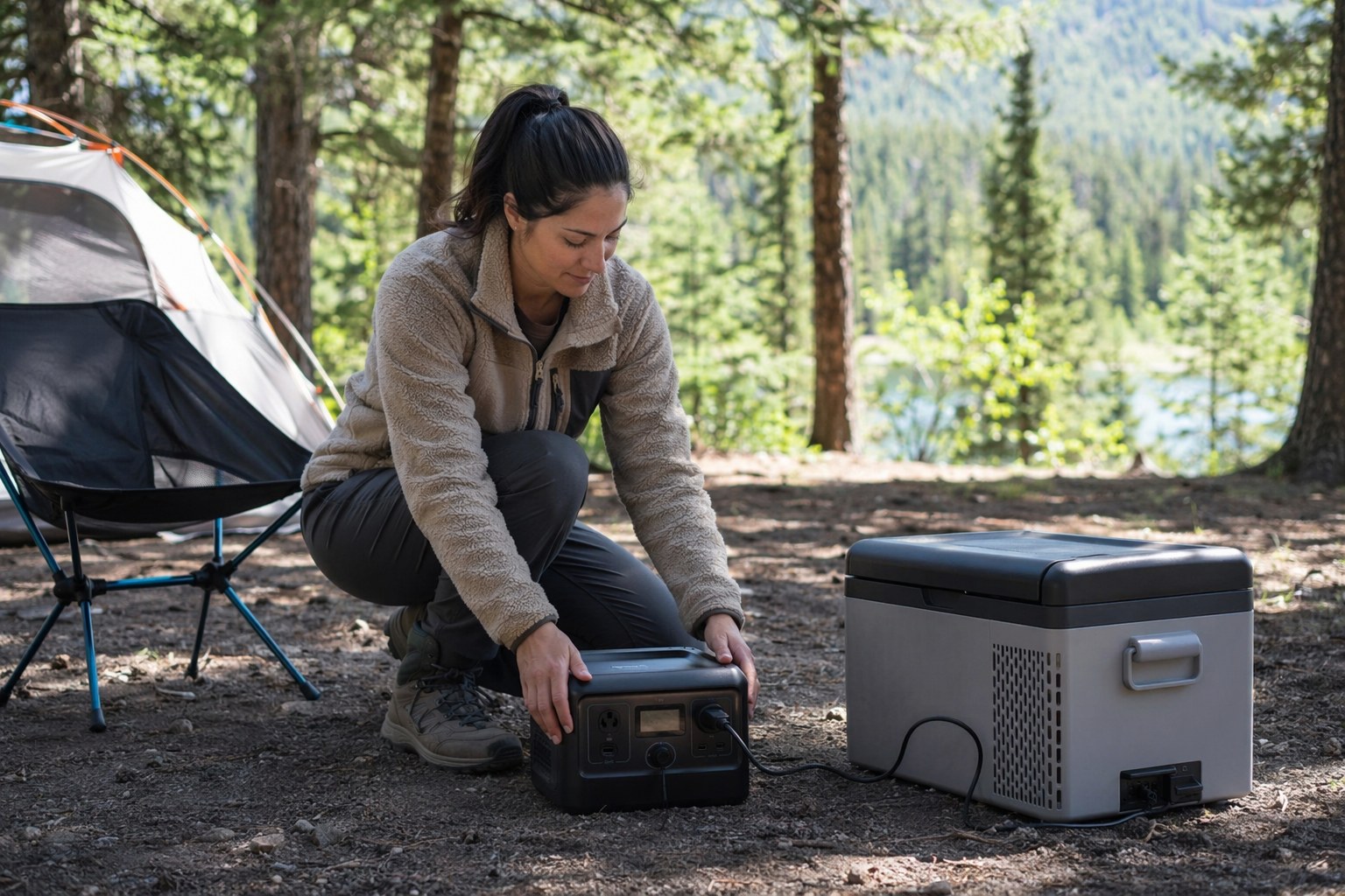 Woman setting up a portable power station and small fridge at a sunny campsite next to a folding chair