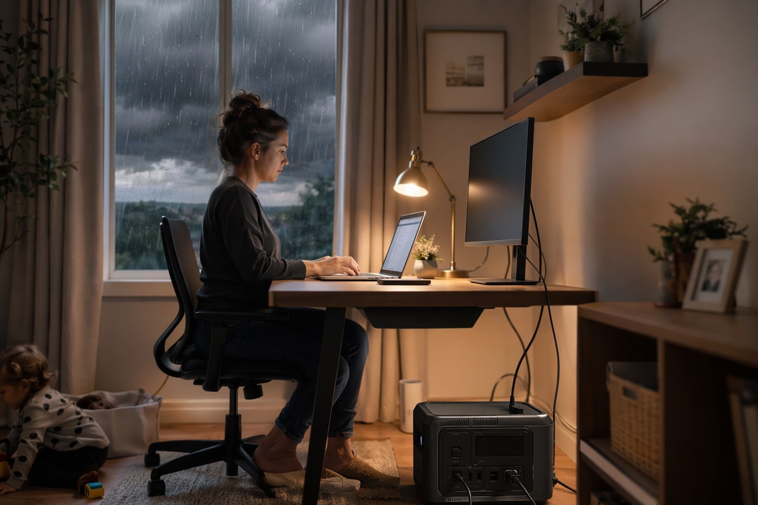 Mom working at a home desk with a laptop and monitor plugged into a power station during a storm outside the window