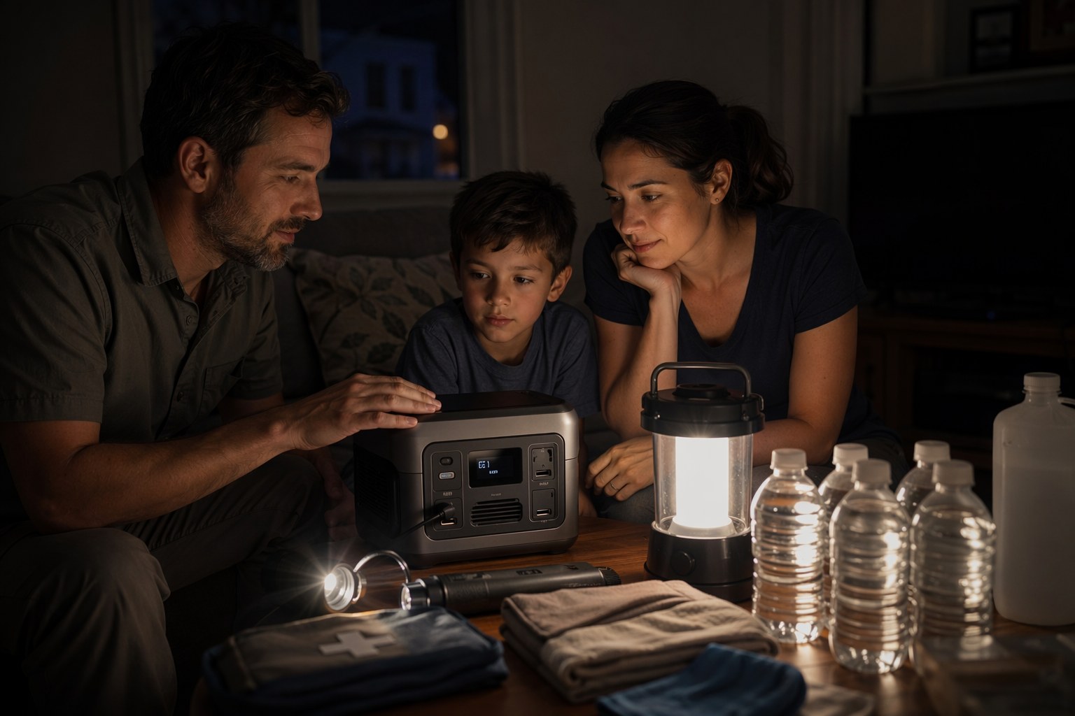 A family checking a power station, flashlights, and emergency supplies together during a home power outage