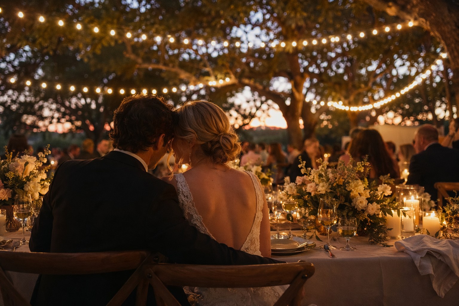 Outdoor wedding reception under string lights at dusk with no visible generator