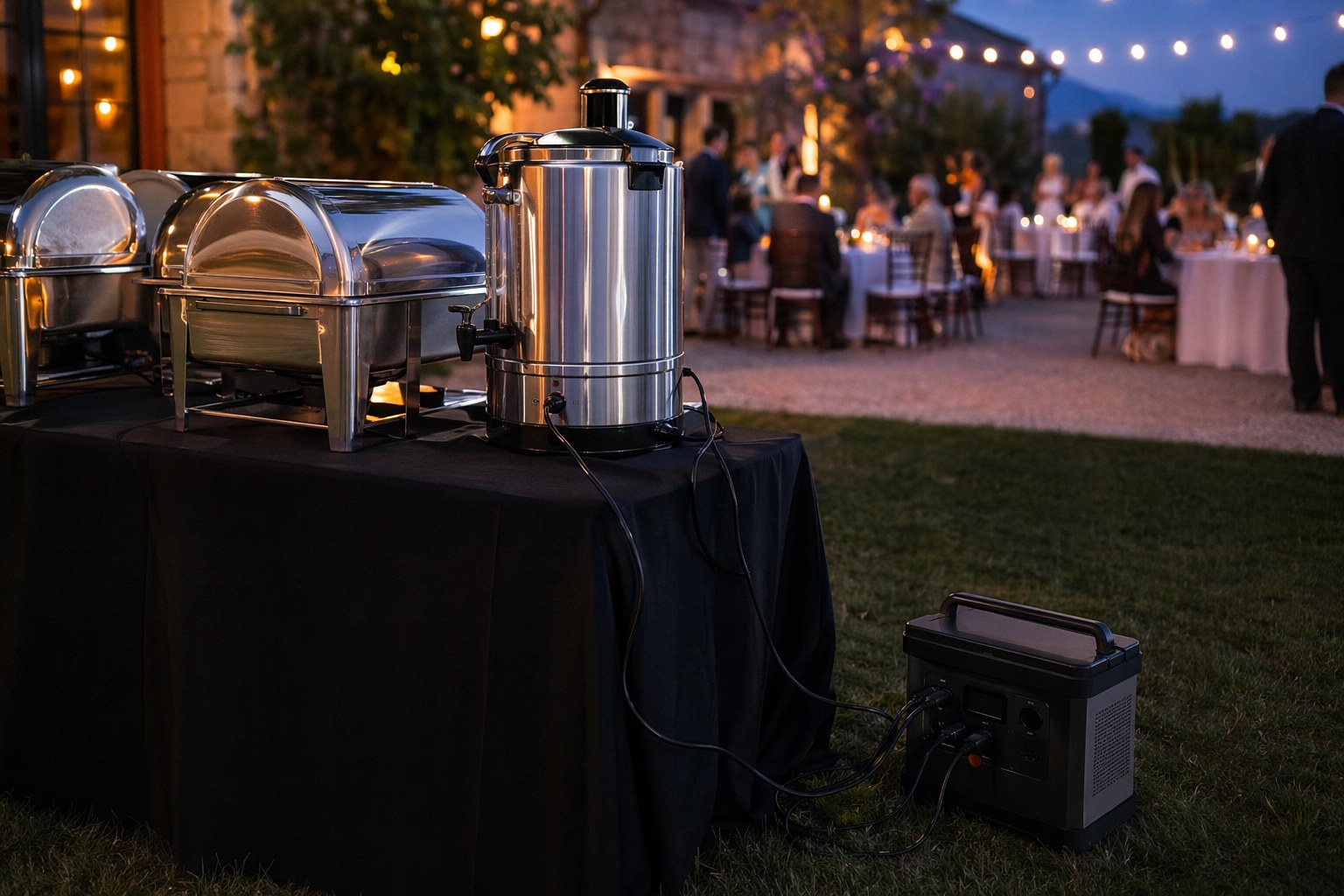 Catering warming station and coffee urn running on a portable battery backup at an outdoor event