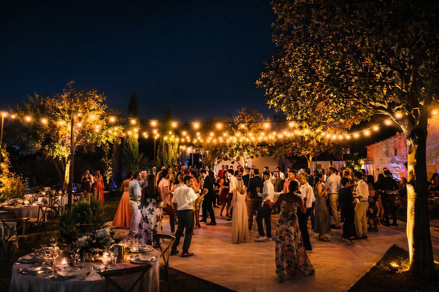 Evening wedding celebration fully illuminated by string lights powered silently by batteries