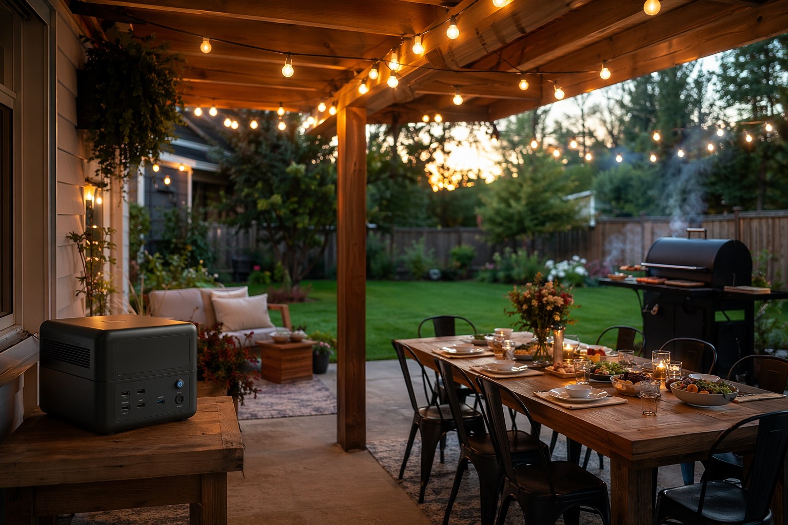 A backyard patio at dusk with glowing string lights overhead, a grill, and a portable power station on a side table