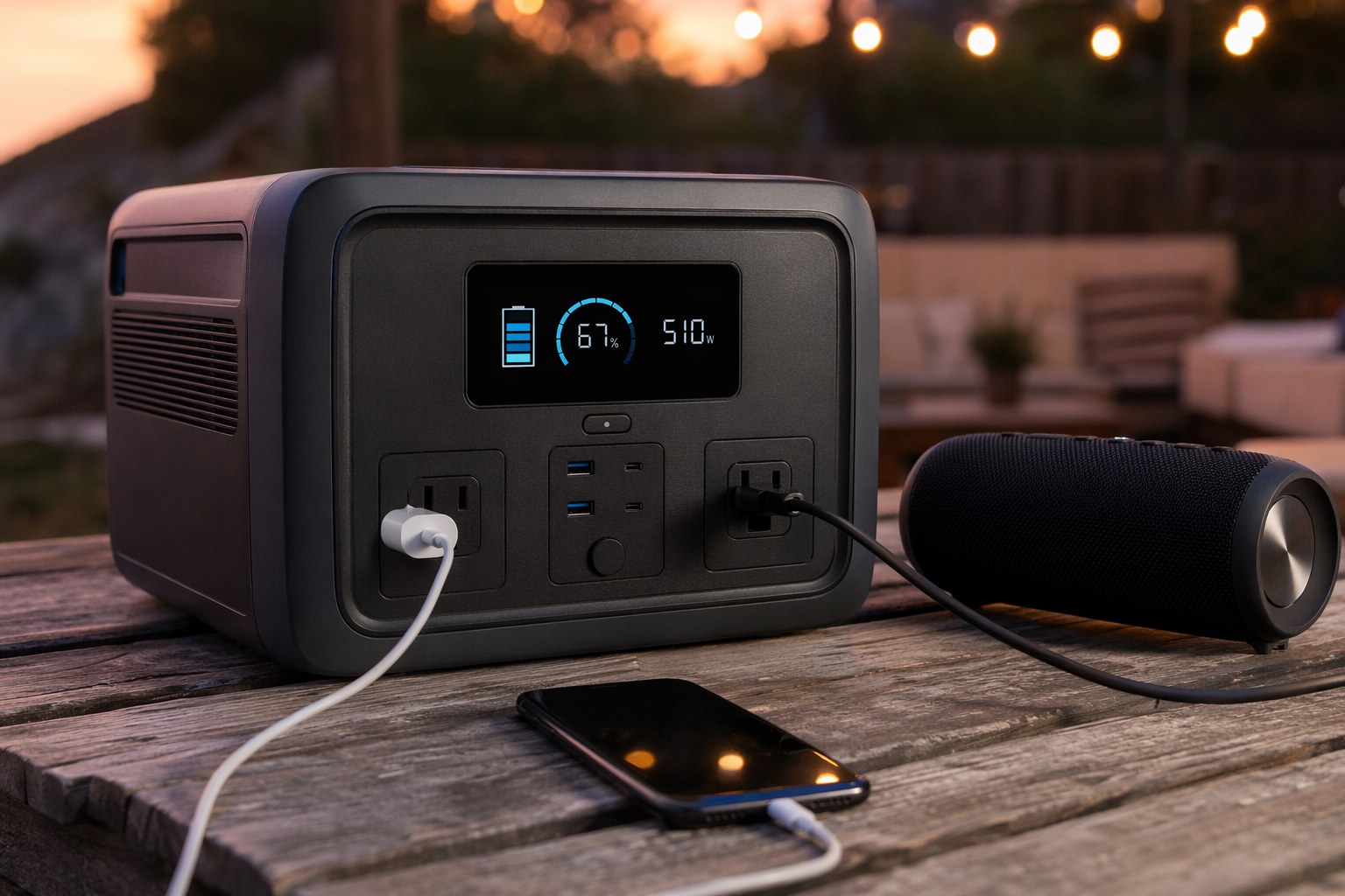 A close-up of a power station display on a patio table showing live wattage, with a speaker and phones plugged in