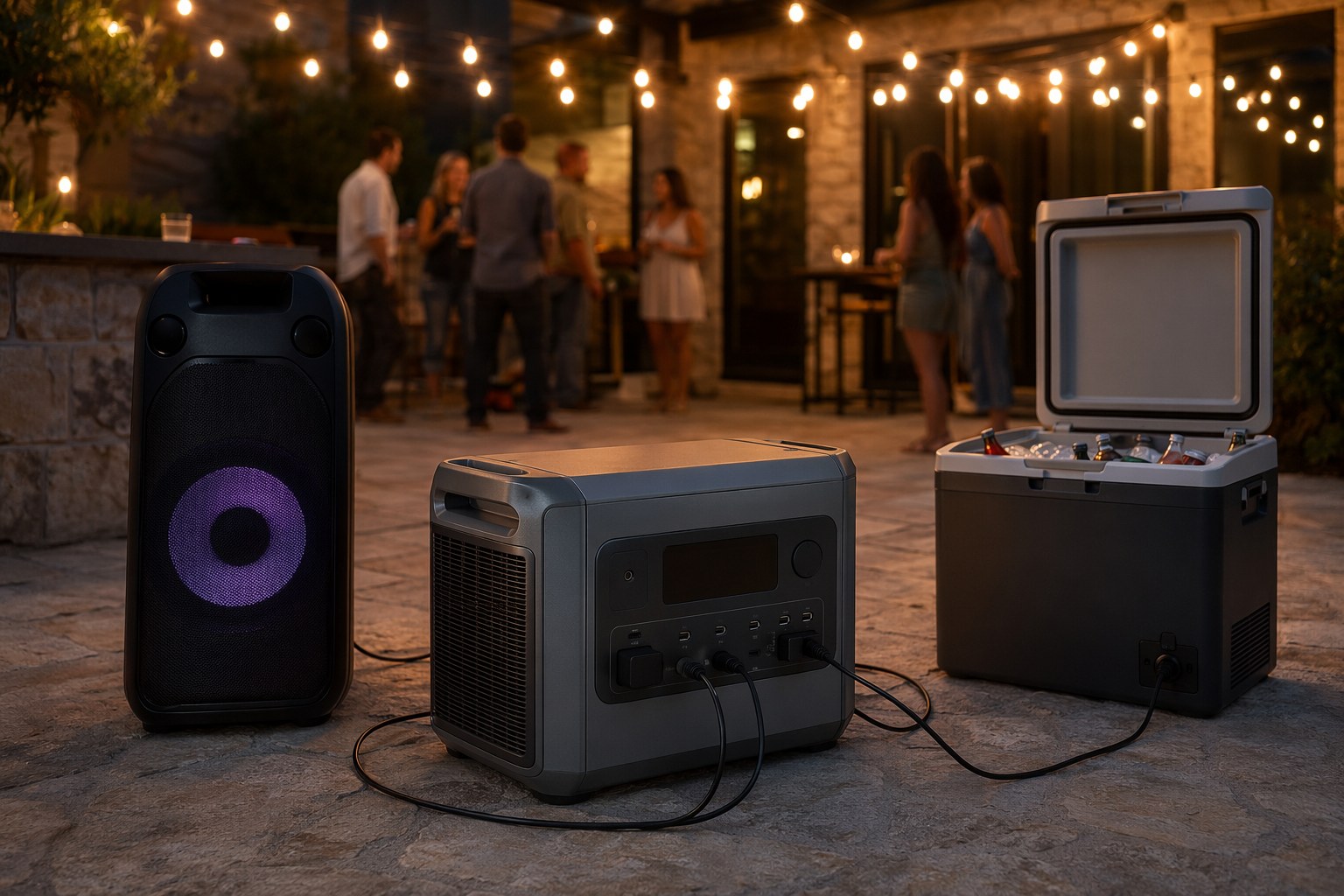 A larger power station on a patio powering a speaker, string lights, and a drink cooler at an evening gathering