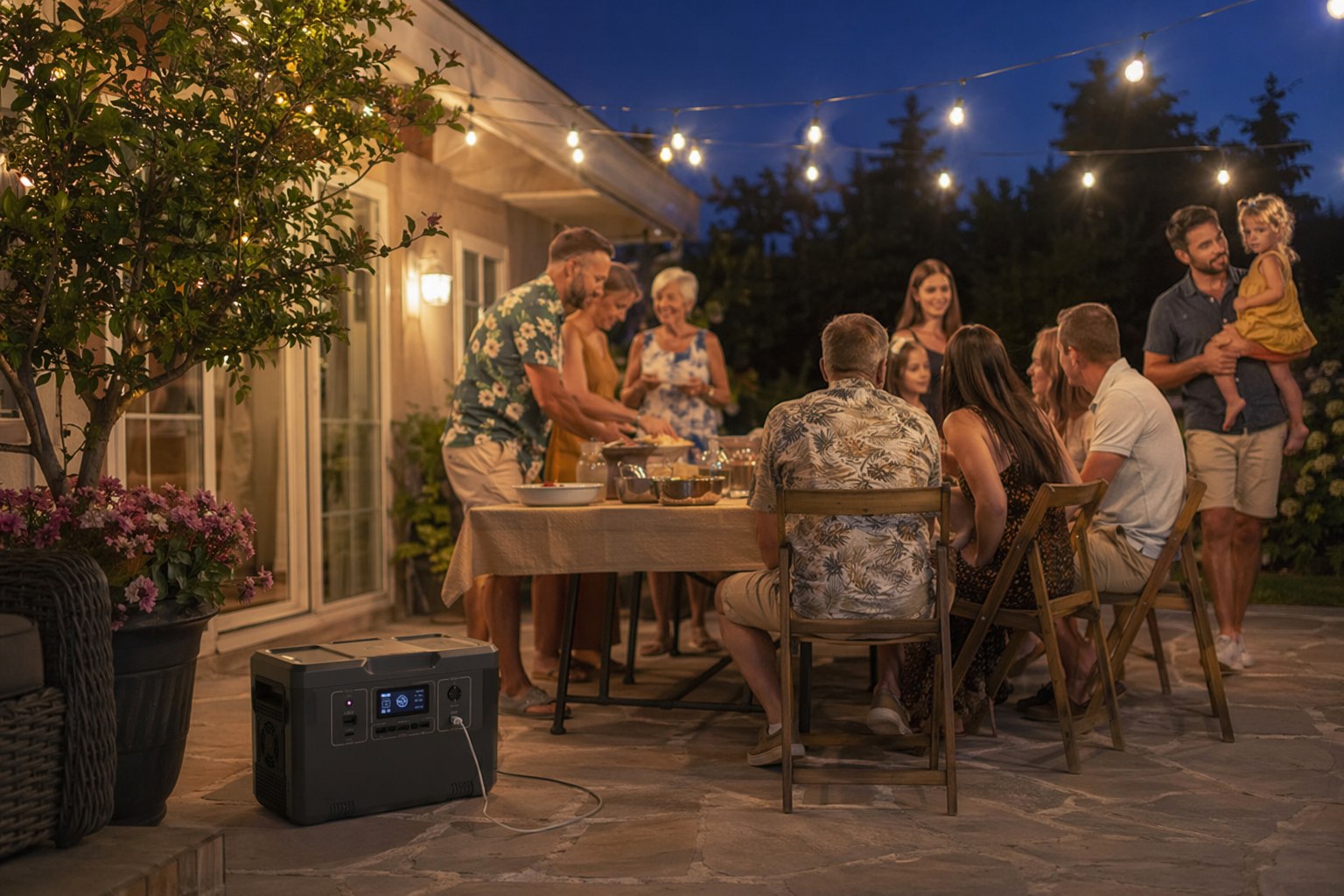 A fully lit evening backyard gathering with a portable power station running silently on the patio