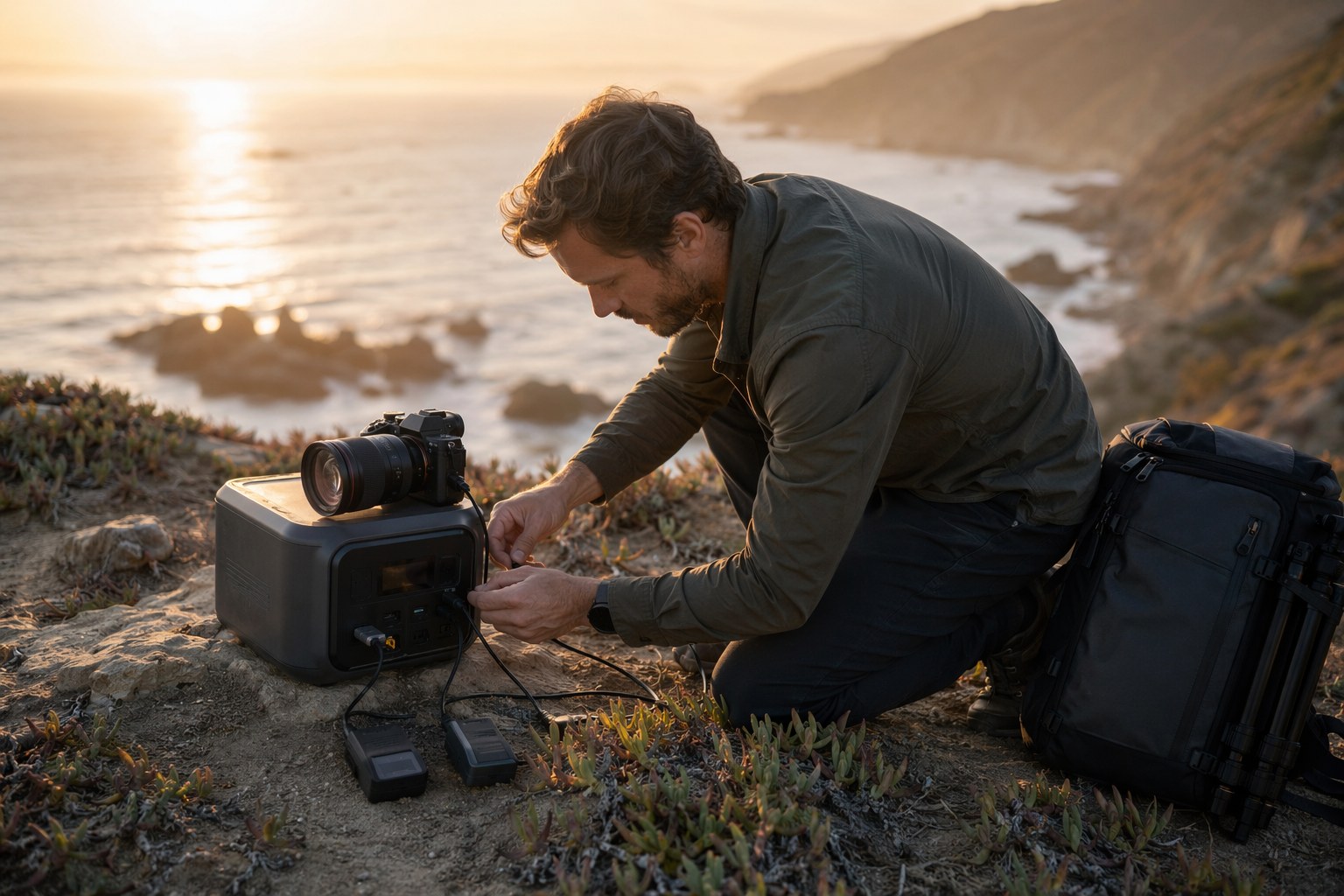Photographer charging camera batteries from a portable power station at golden hour