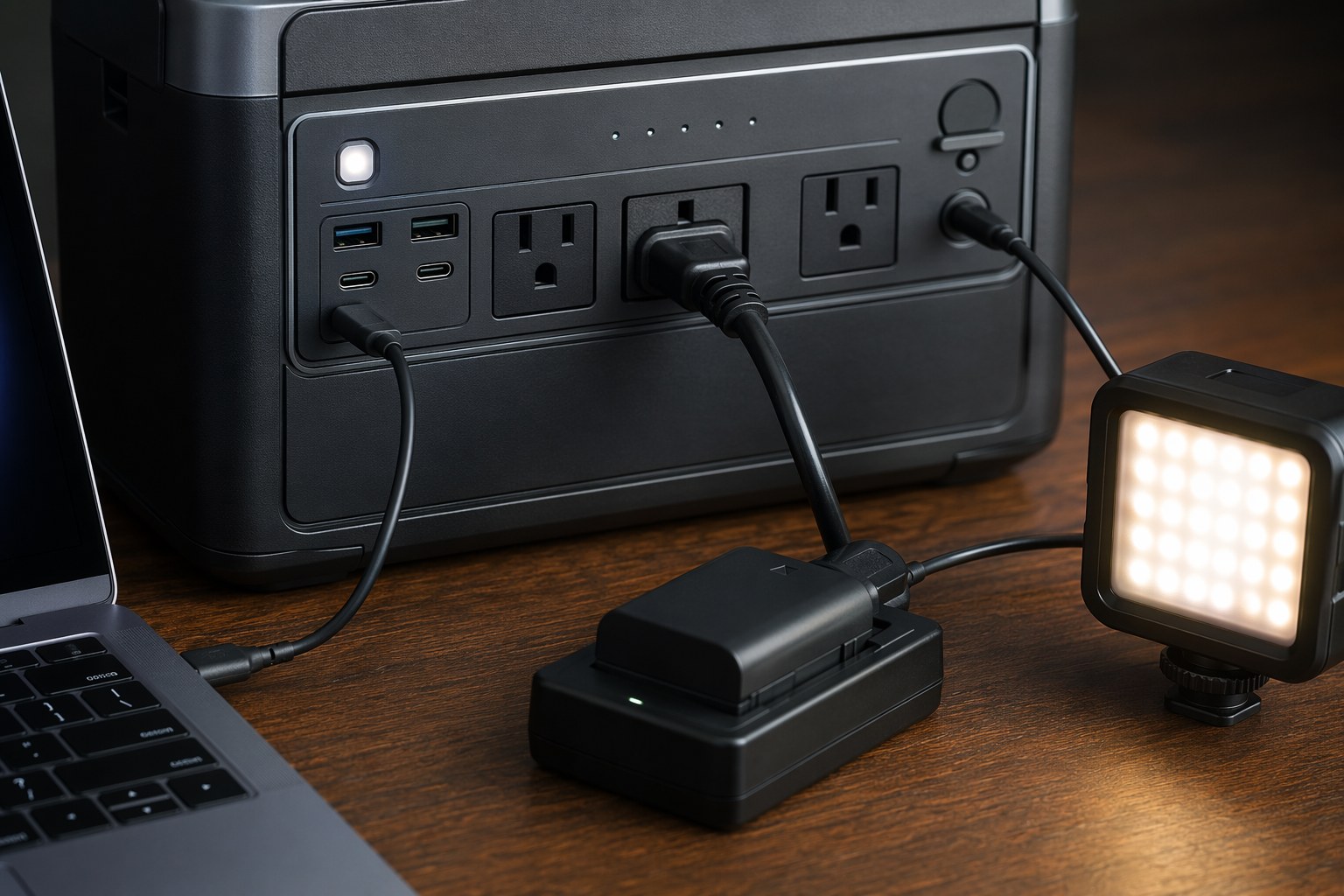 Power station front panel charging a laptop, camera battery charger, and LED light
