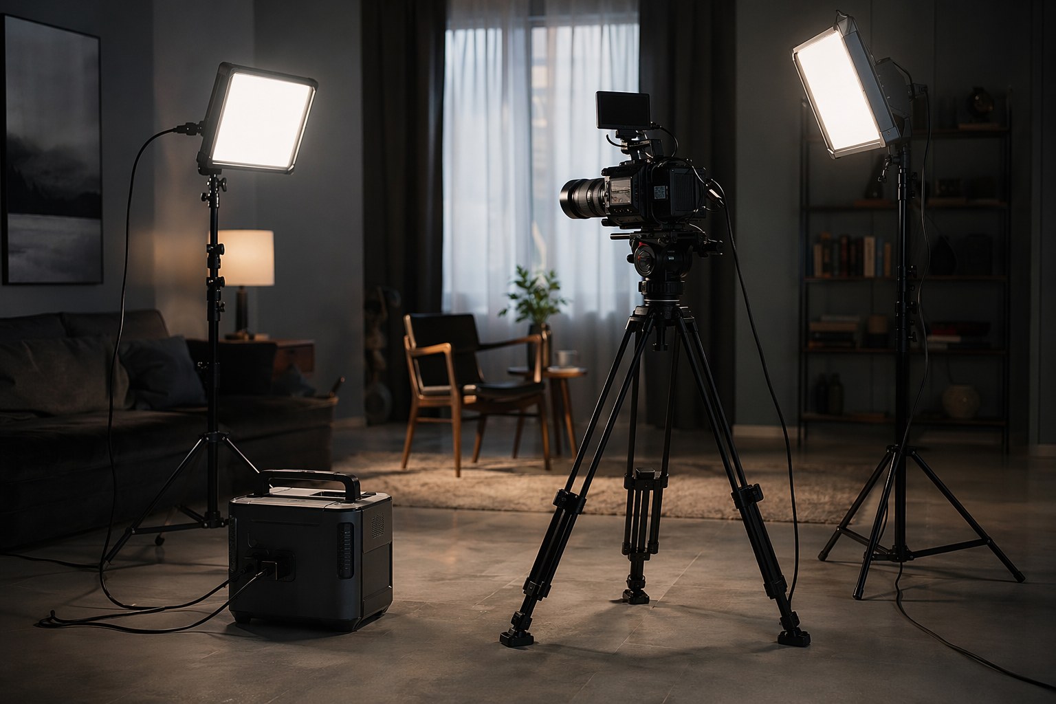 Filming set with a power station running two LED panels and a cinema camera