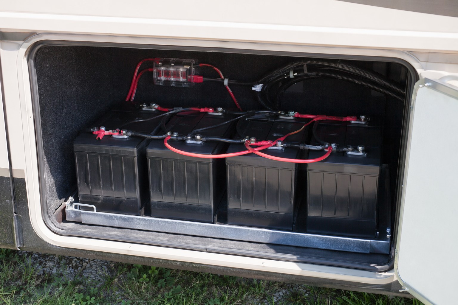 RV battery compartment with four LiFePO4 lithium batteries installed and wired in parallel