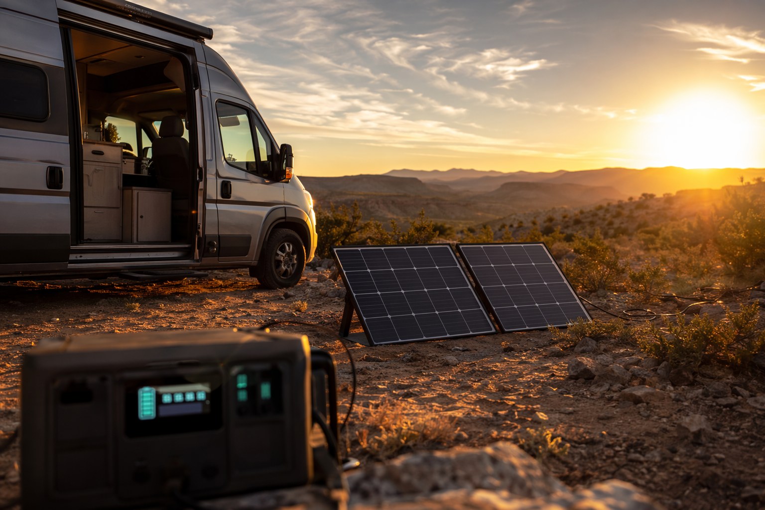 Boondocking campsite with RV, portable solar panels deployed, and a battery monitor showing state of charge
