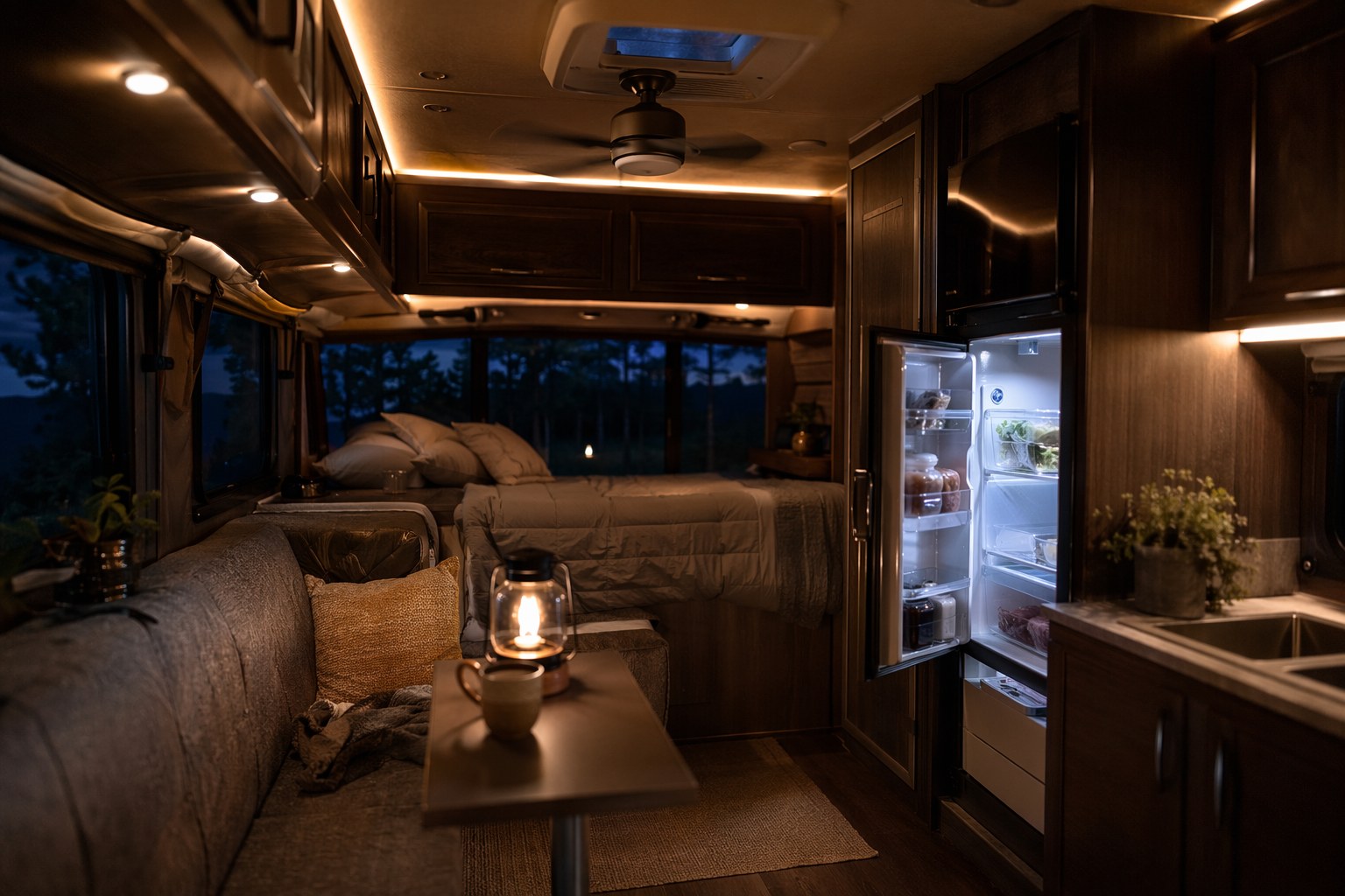 RV interior at night with lights, a fan, and a fridge running off a lithium battery system