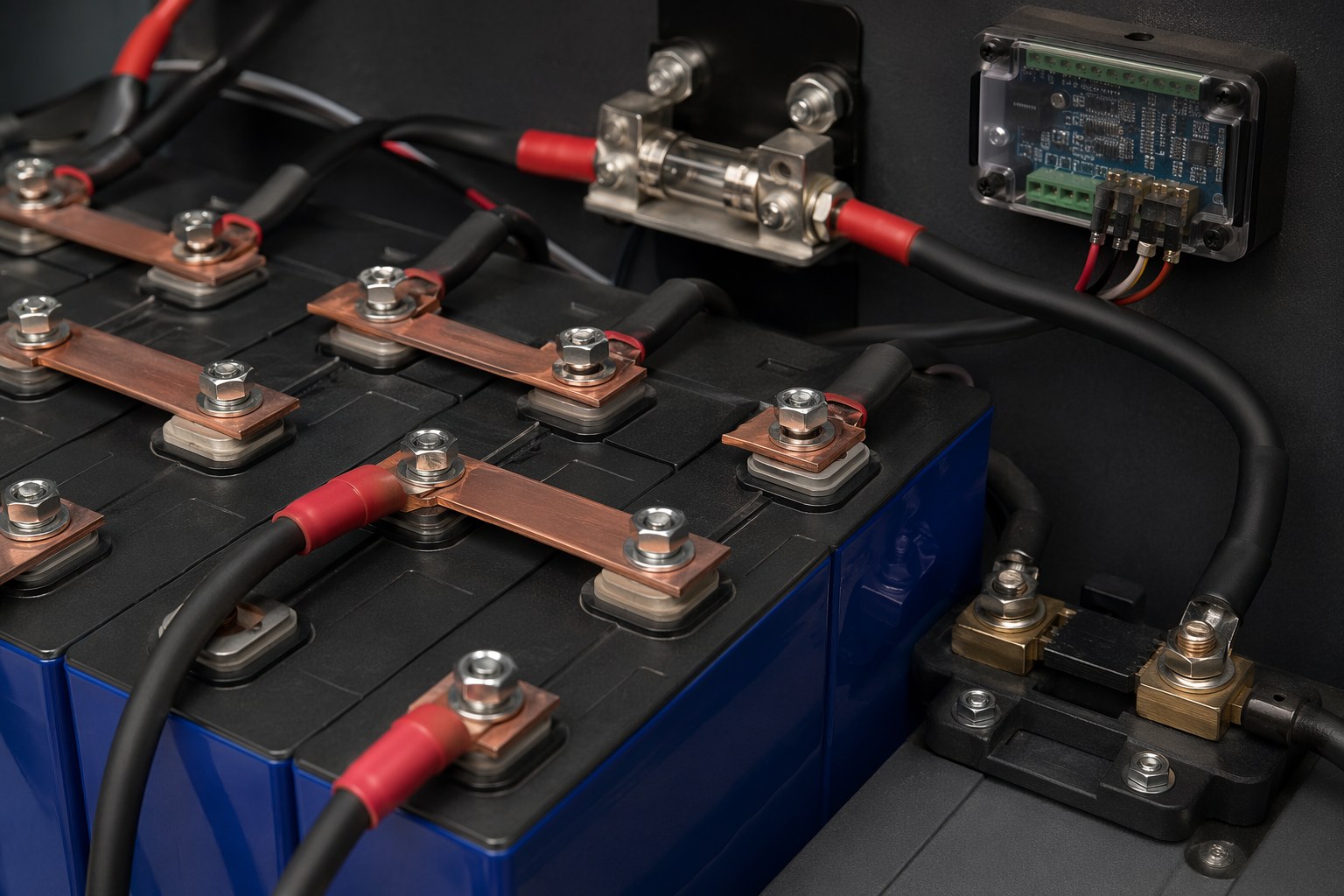 Multiple lithium batteries connected in a parallel configuration with cables, fuse, and a shunt-based battery monitor