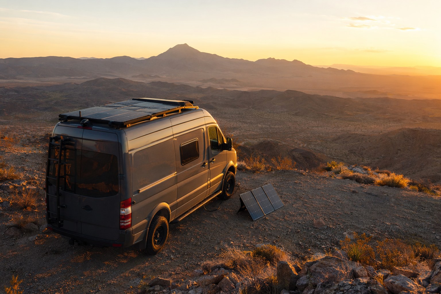A camper van parked at a remote desert overlook with flexible solar panels on the roof catching golden afternoon light, a small folding panel angled on the ground beside it