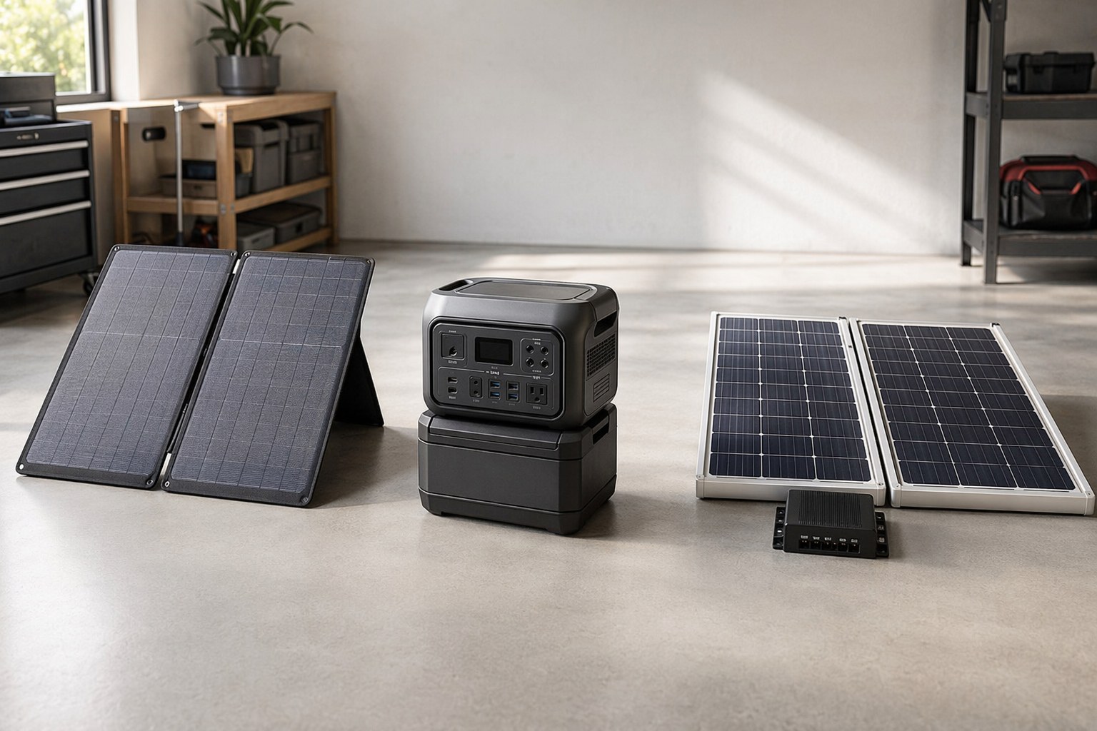 Three solar setup tiers laid out on a workshop floor — a foldable portable panel, a power station with an expansion battery module, and two rigid roof panels with a charge controller