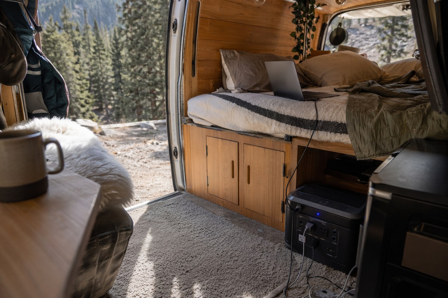 A solar power station running a 12V compressor fridge and charging a laptop inside a converted van, daylight streaming through the rear doors at a free dispersed campsite