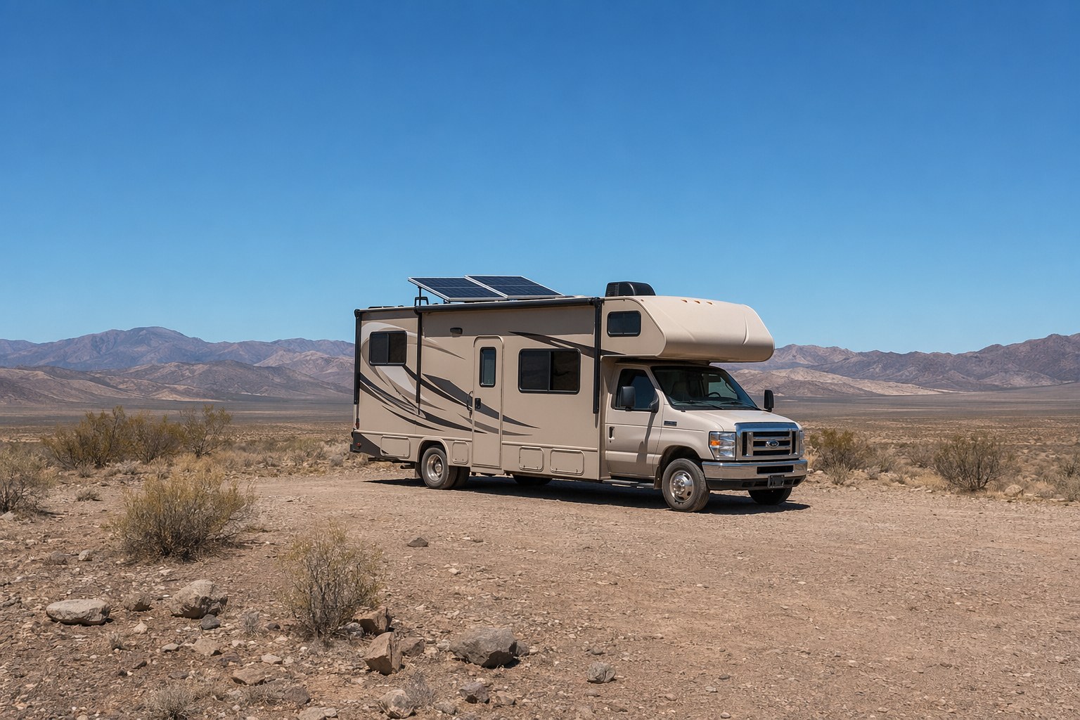 A rooftop array of two rigid solar panels on an RV against a clear blue sky, with a wide shot showing the rig parked in an open boondocking spot far from other campers
