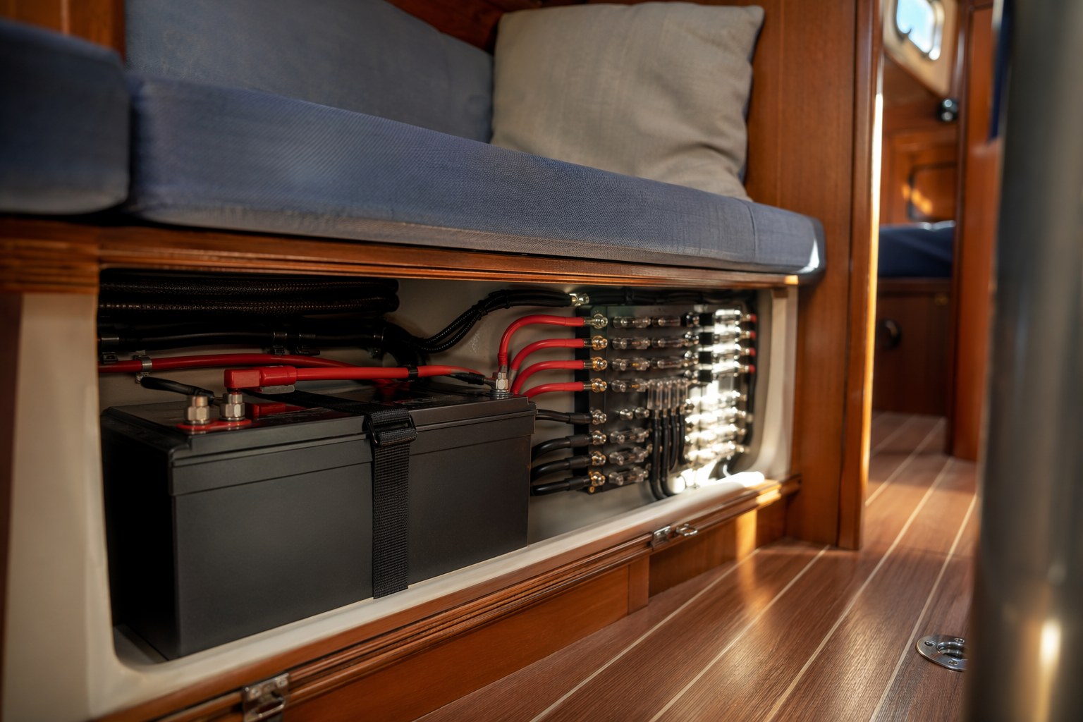 Sailboat at a quiet anchorage with a 12V lithium house battery system installed below decks