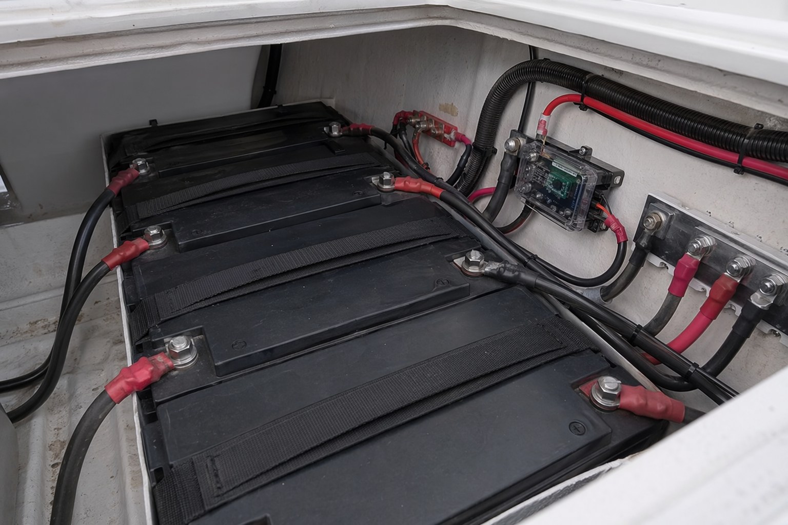 Marine battery compartment with LiFePO4 lithium cells, tinned cabling, and a fused bus bar
