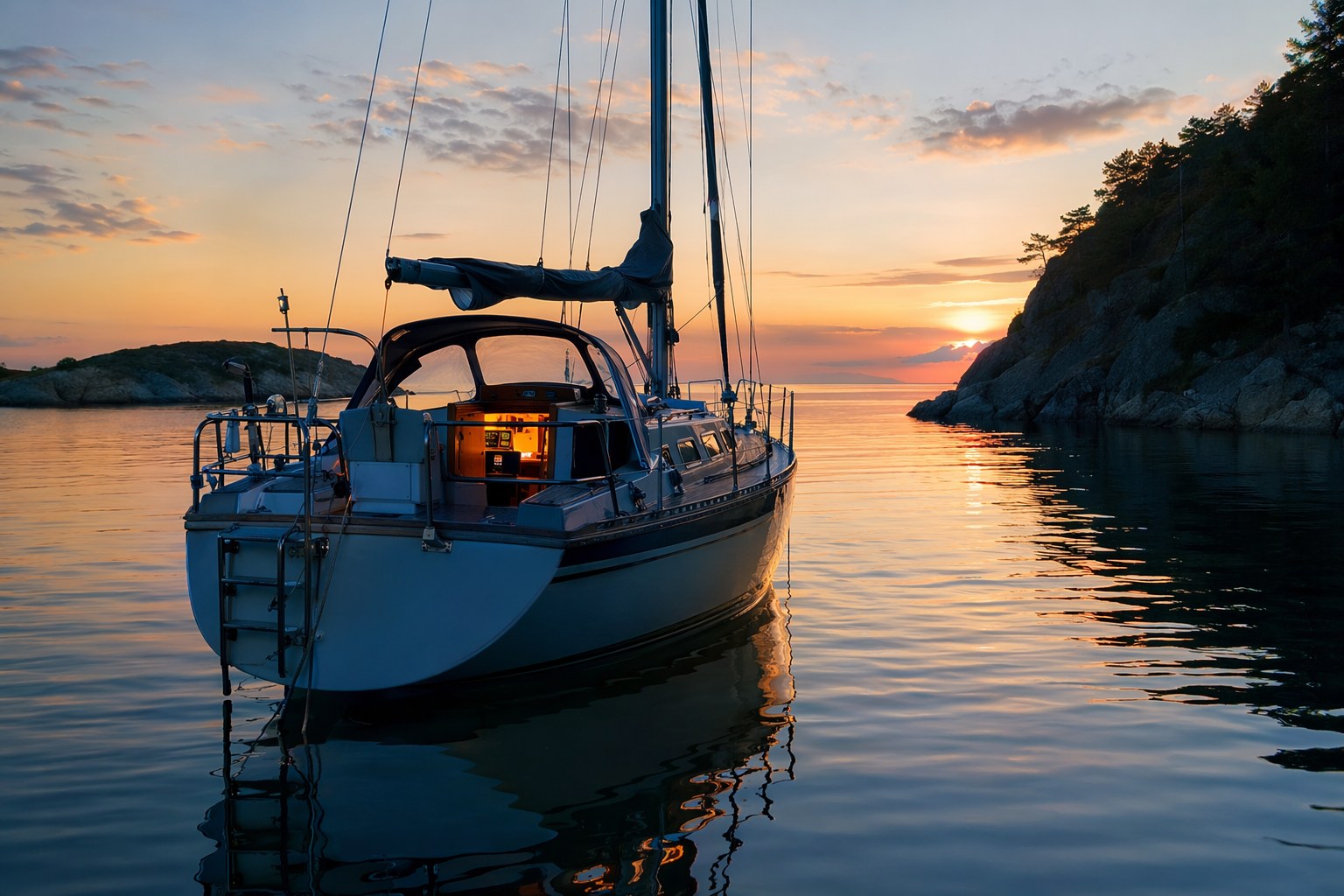 Sailboat anchored at sunset with cabin lights, fridge, and instruments running off the house bank