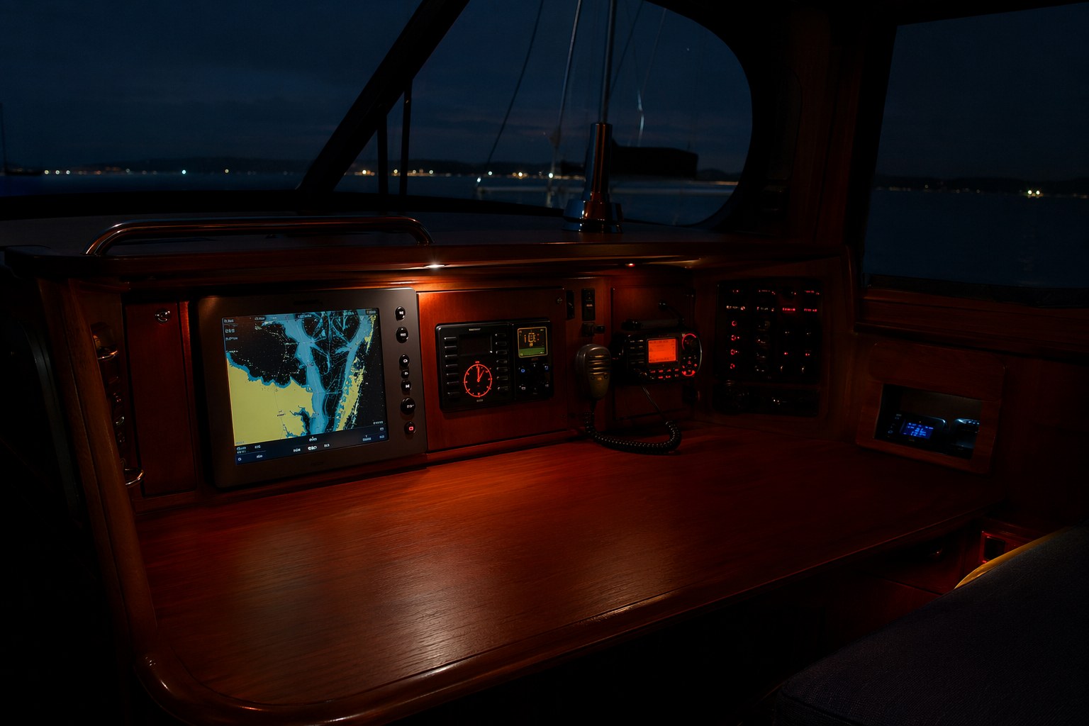Sailboat navigation station and VHF radio powered through the night while the vessel sits at anchor