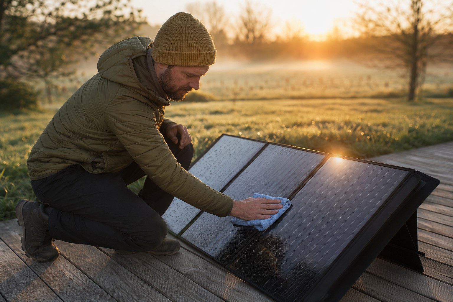 Person cleaning a portable solar panel with a microfiber cloth on a sunny spring morning