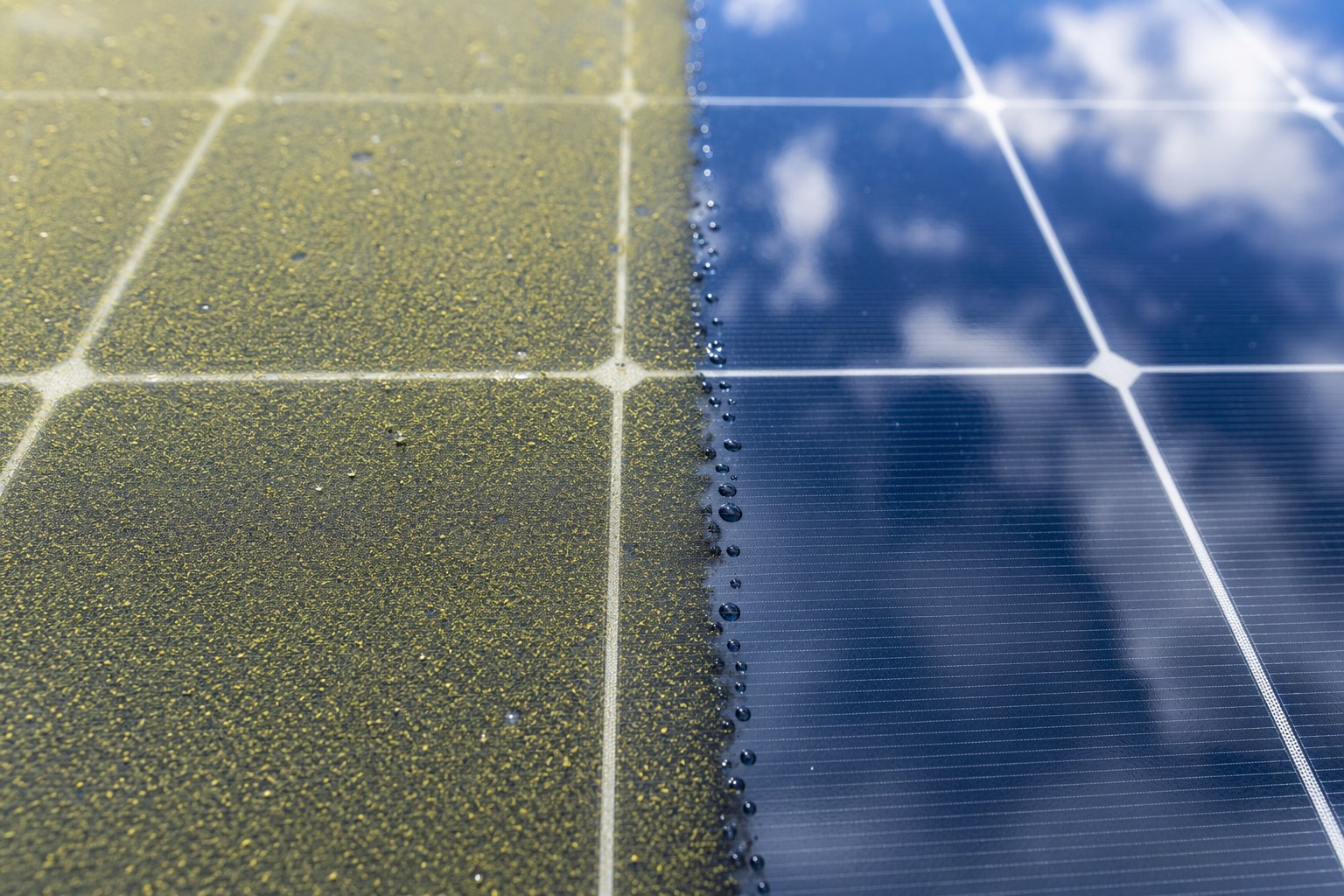 Close-up of pollen film on solar panel glass before and after wiping