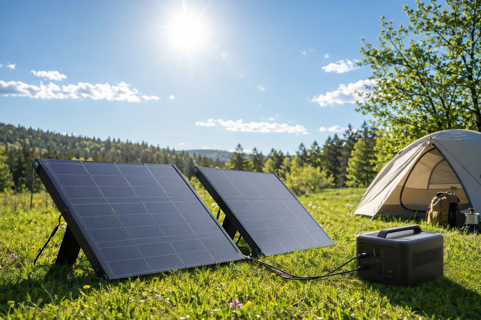 Portable solar panels angled toward the sun at a spring campsite with green grass