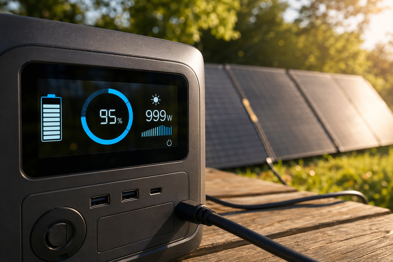 Power station display showing solar input wattage with panels deployed in the background