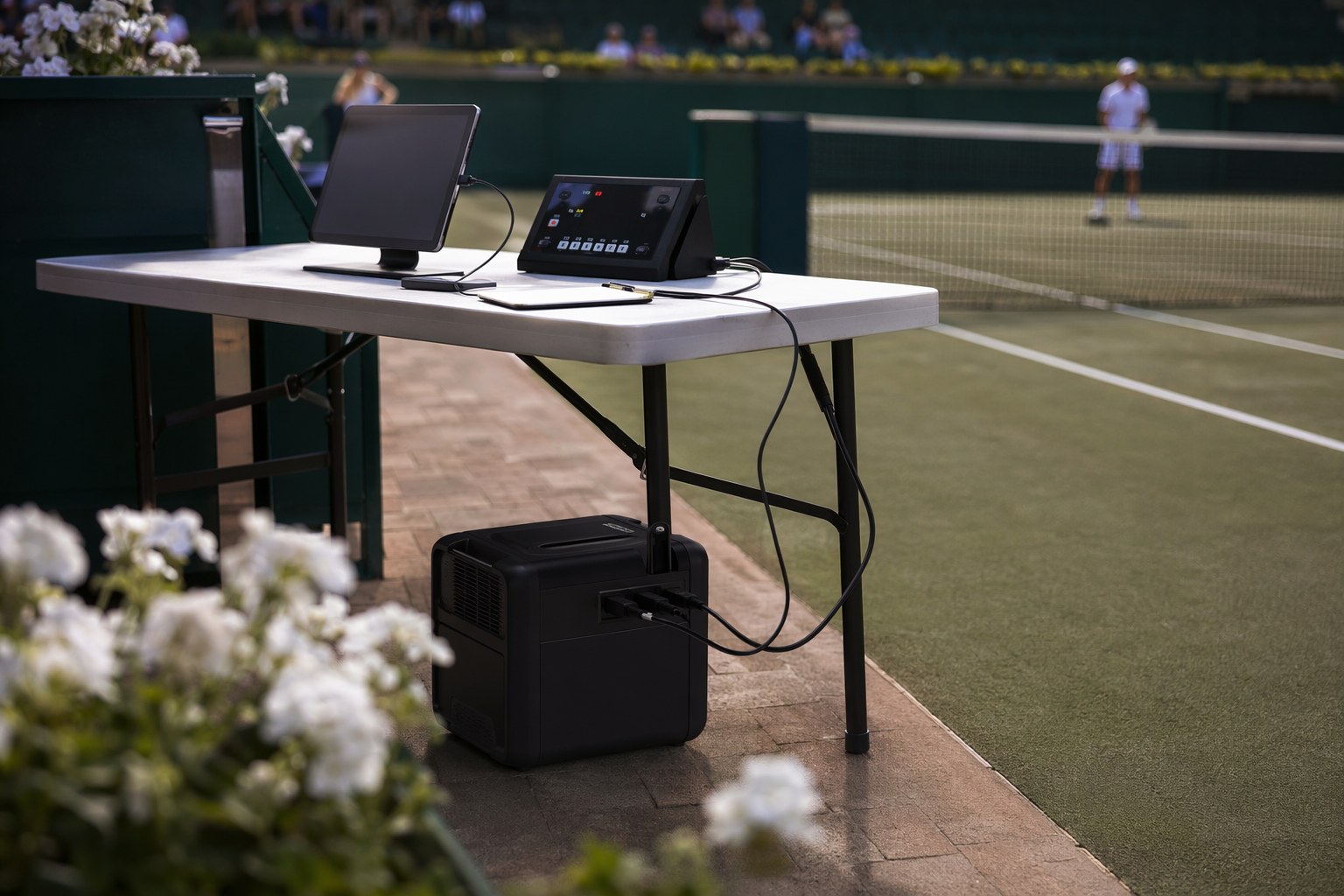 Tennis tournament scoring table powered by a portable power station courtside