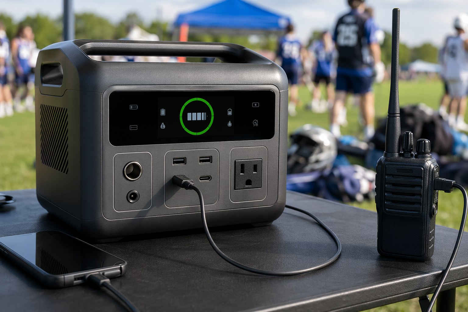 Portable power station display and ports charging a radio and tablet at a sports event