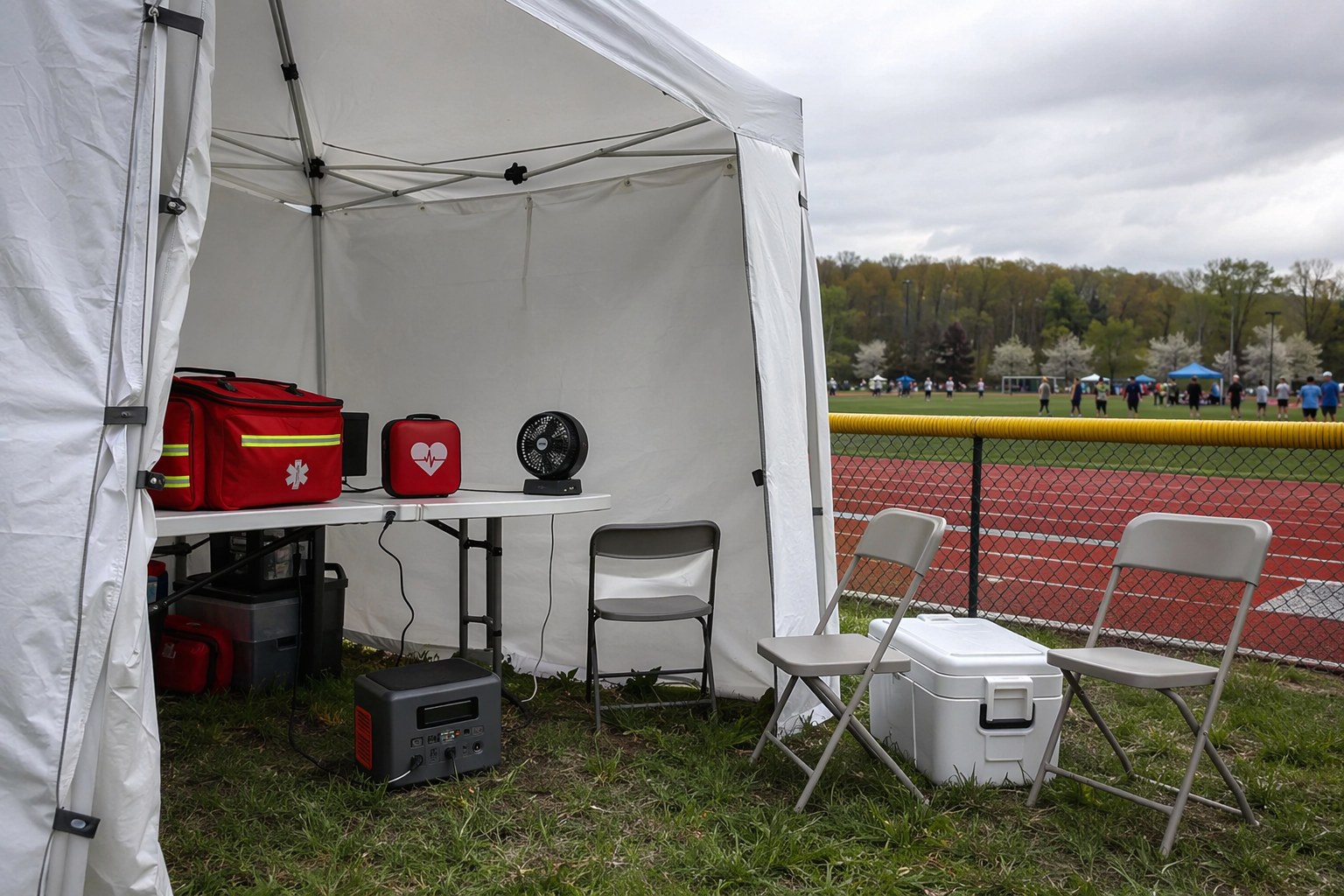 First-aid tent at a sports complex running a fan and AED charger from a power station