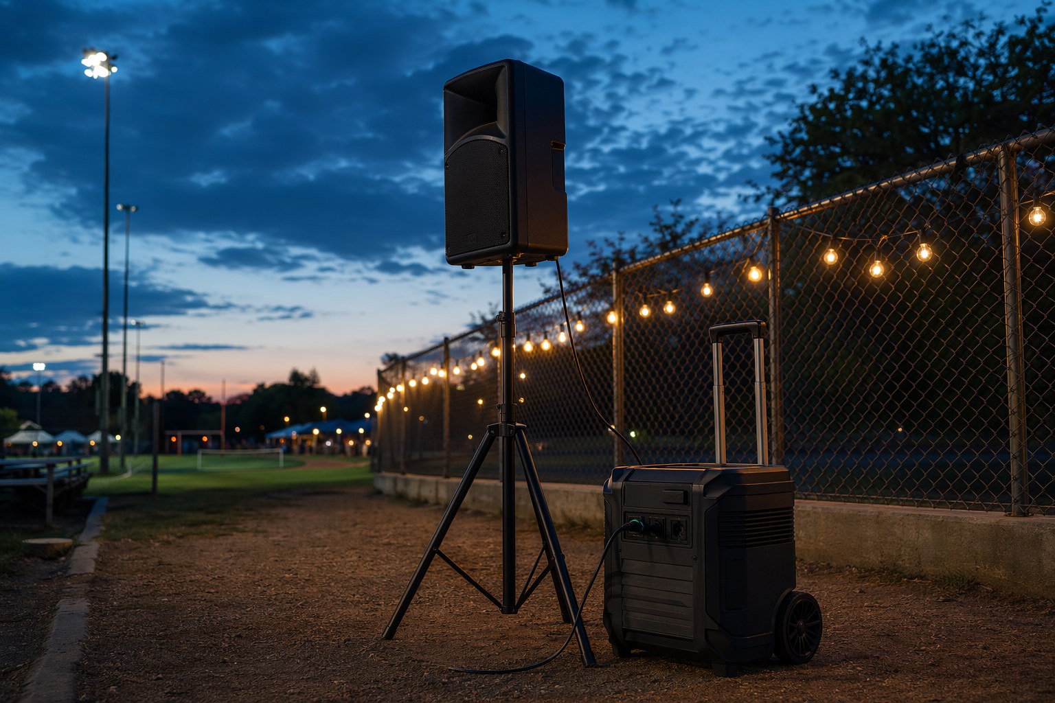 Evening sports field with a PA speaker and string lights powered by a wheeled power station