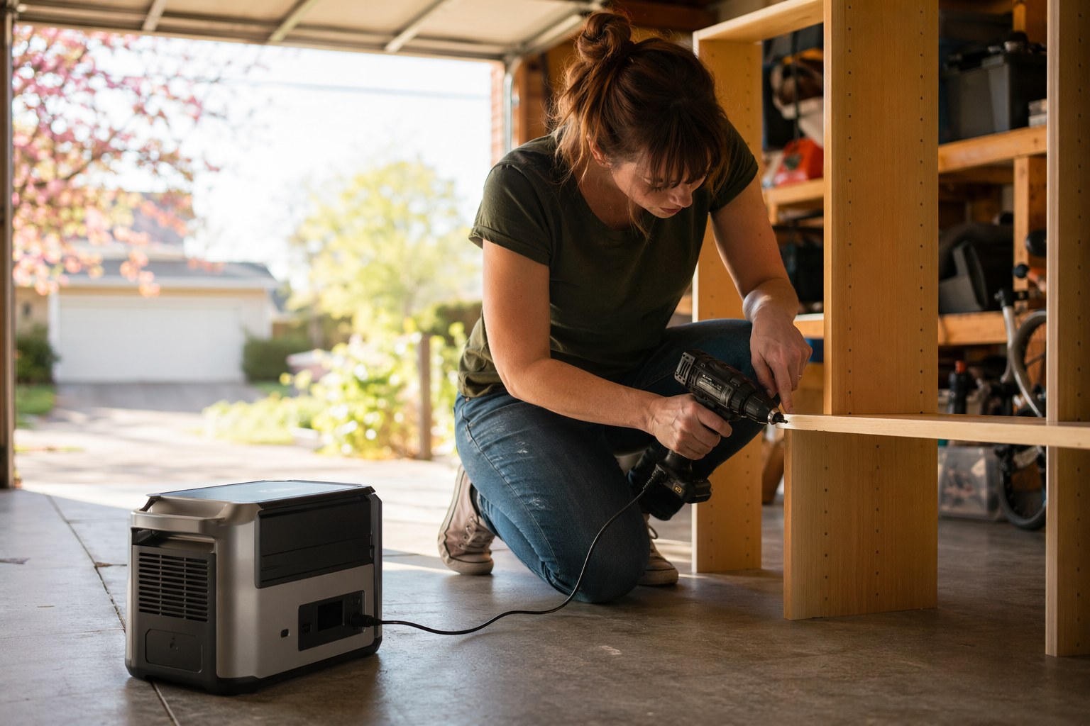 Homeowner using a cordless drill powered by a portable power station during a spring home improvement project