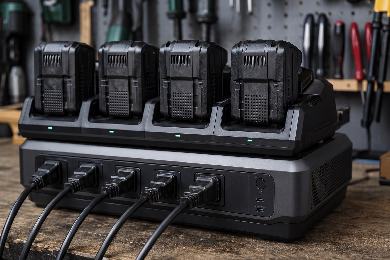 Multiple cordless tool battery packs charging simultaneously on top of a portable power station in a garage workshop