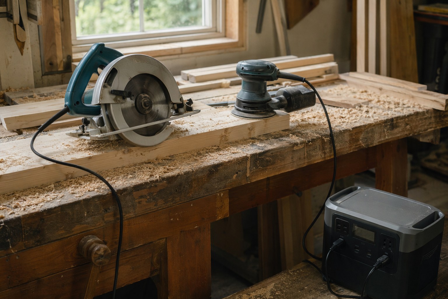 Workshop bench with corded power tools running on a portable power station backup unit