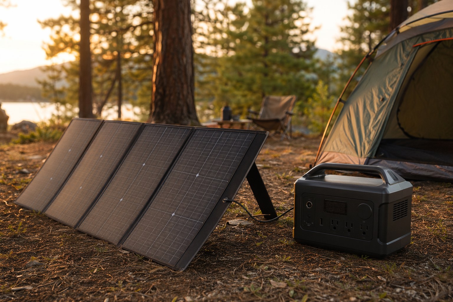 Portable power station and folding solar panel set up beside a tent at a summer campsite at golden hour