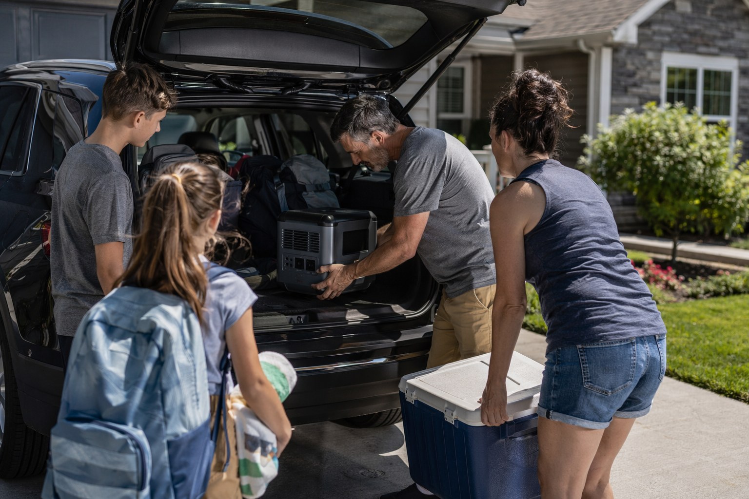 Family loading a power station and cooler into an SUV in a driveway before a holiday weekend road trip